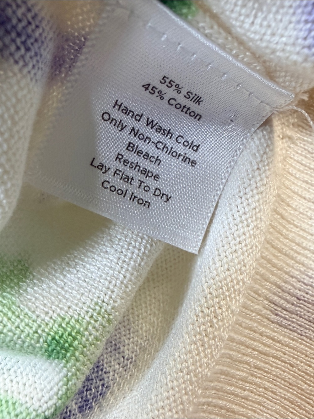 Talbots Cream Sweater with lavender Floral and Green Leaf pattern. silk,cotton, - Picture 6 of 9